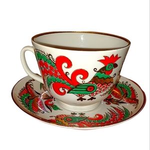 Russian Porcelain Tea Set Two roosters. 22K Gold Trimmed Cup & Saucer.
